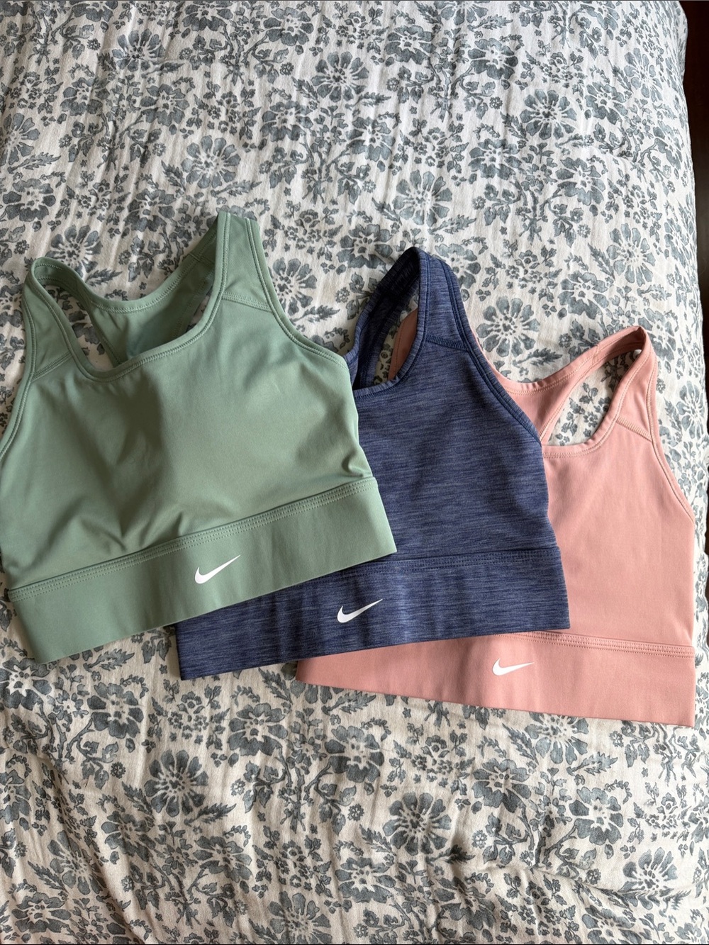 Nike Sports Bras in Sage Green, Heather Blue, Blush Pink